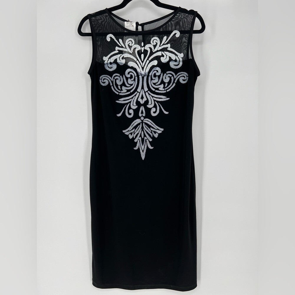 JOSEPH RIBKOFF BLACK, WHITE SHIFT DRESS MESH & APPLIQUÉ BODICE, KEYHOLE BUTTON